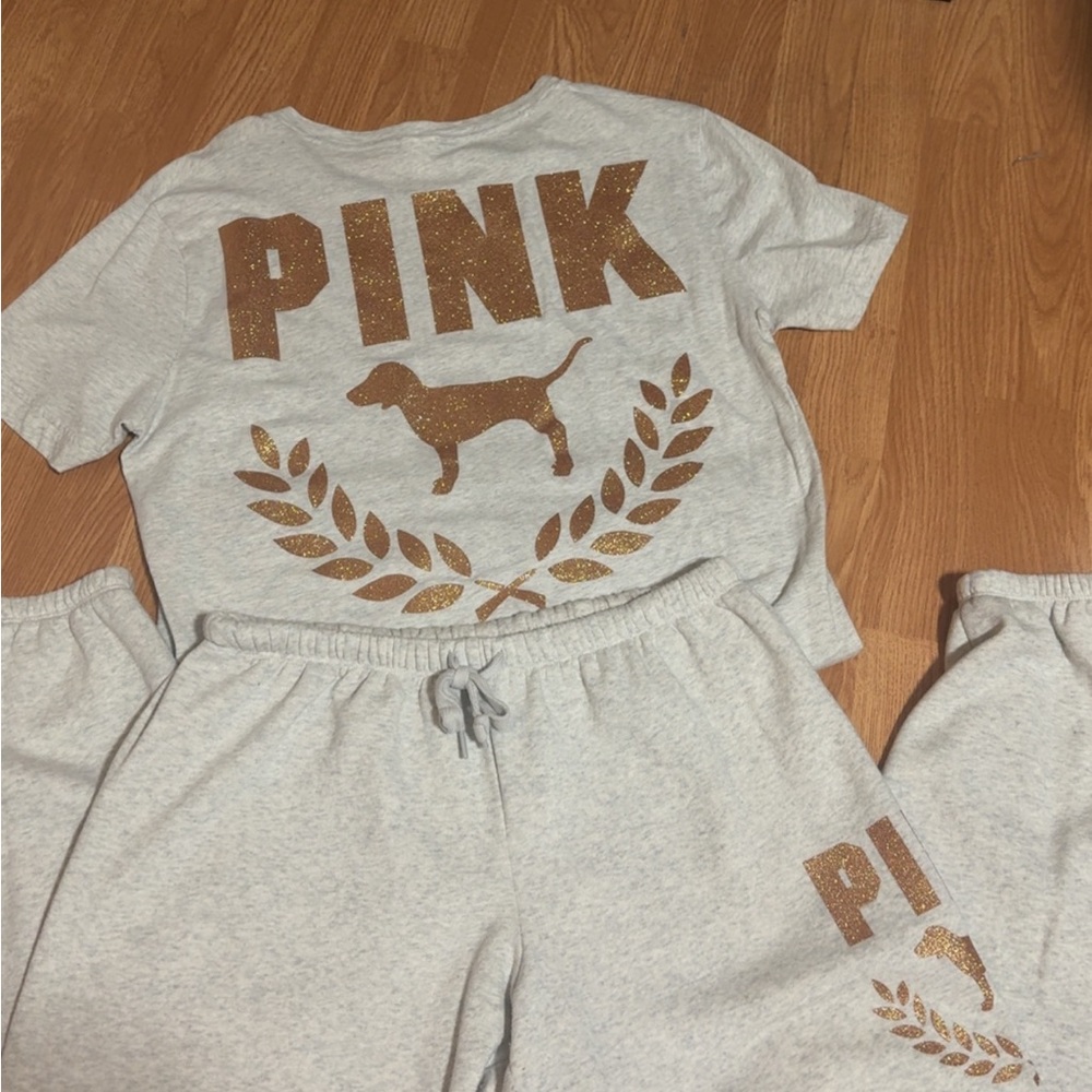 PINK Victoria's Secret Gray Rose Gold Glitter Lounge Set - Picture 2 of 5
